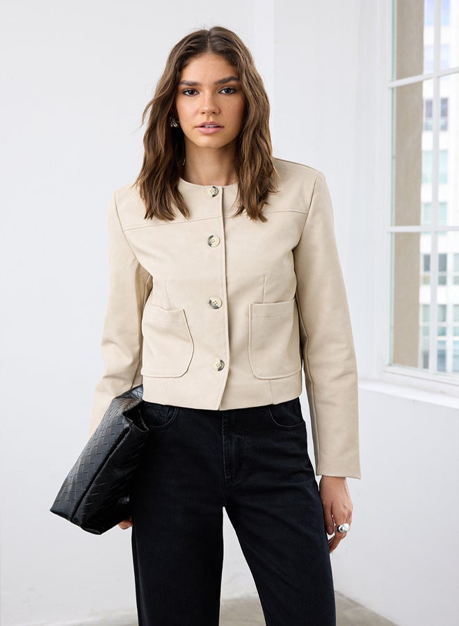 trendyol Stone Button Faux Leather Washed Jacket - Image 1