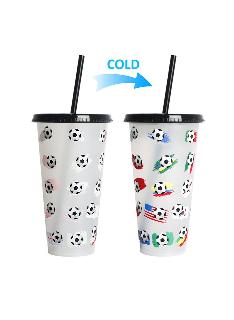 إزدنك كوب متغير اللون، عبوة من قطعتين سعة 700 مل من البلاستيك مع غطاء وقشة، كوب قهوة مثلج قابل لإعادة الاستخدام، مناسب للنساء والبالغين وحفلات الأطفال، أكواب مشروبات مثلجة لطيفة (نمط كرة القدم) - Image 3