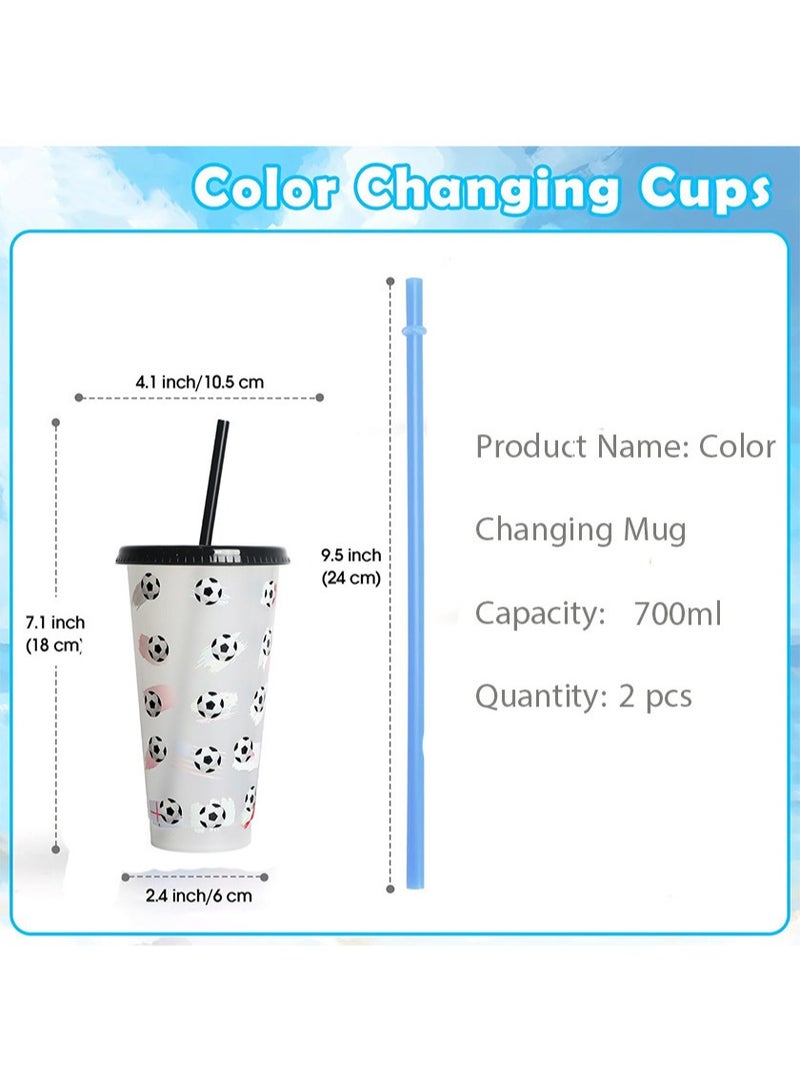 إزدنك كوب متغير اللون، عبوة من قطعتين سعة 700 مل من البلاستيك مع غطاء وقشة، كوب قهوة مثلج قابل لإعادة الاستخدام، مناسب للنساء والبالغين وحفلات الأطفال، أكواب مشروبات مثلجة لطيفة (نمط كرة القدم) - Image 4