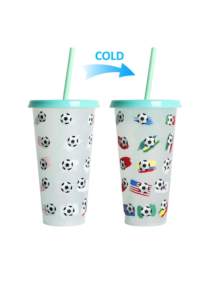 إزدنك كوب متغير اللون، عبوة من قطعتين سعة 700 مل من البلاستيك مع غطاء وقشة، كوب قهوة مثلج قابل لإعادة الاستخدام، مناسب للنساء والبالغين وحفلات الأطفال، أكواب مشروبات مثلجة لطيفة (نمط كرة القدم) - Image 2