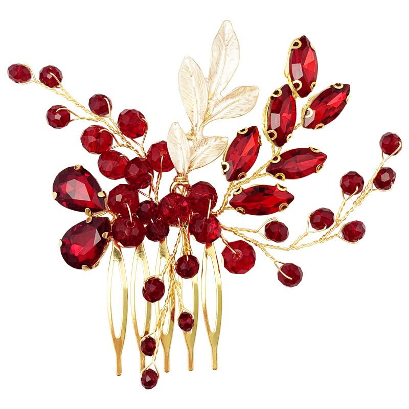 BETITETO Crystal Bridal Hair Comb Wedding Gold Vine Leaf Rhinestone Hair Piece Accessories for Women Girls (Red) - Image 1