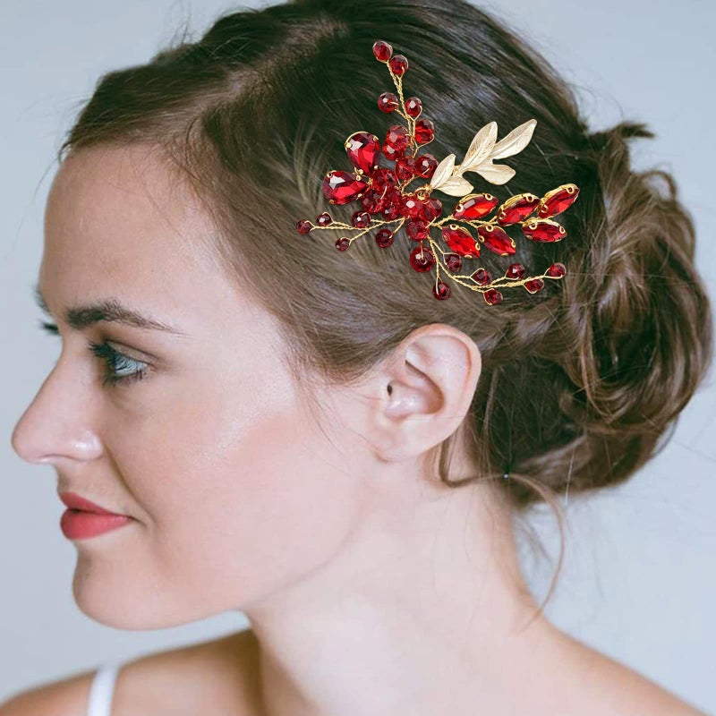 BETITETO Crystal Bridal Hair Comb Wedding Gold Vine Leaf Rhinestone Hair Piece Accessories for Women Girls (Red) - Image 3