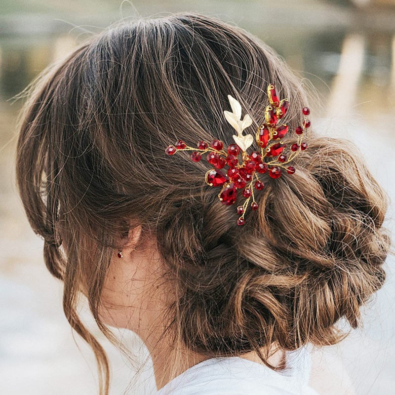 BETITETO Crystal Bridal Hair Comb Wedding Gold Vine Leaf Rhinestone Hair Piece Accessories for Women Girls (Red) - Image 2