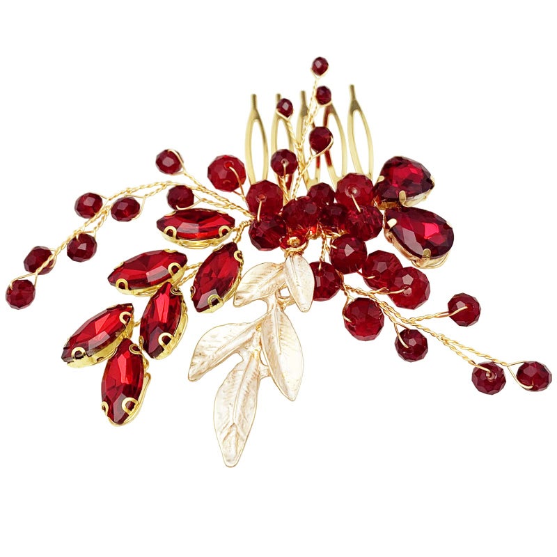 BETITETO Crystal Bridal Hair Comb Wedding Gold Vine Leaf Rhinestone Hair Piece Accessories for Women Girls (Red) - Image 5