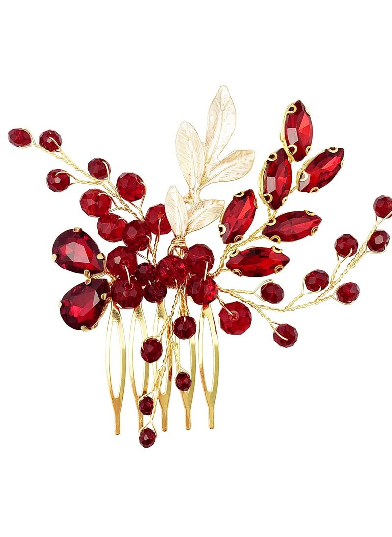 BETITETO - BETITETO Crystal Bridal Hair Comb Wedding Gold Vine Leaf Rhinestone Hair Piece Accessories for Women Girls (Wine Red) - Image 1