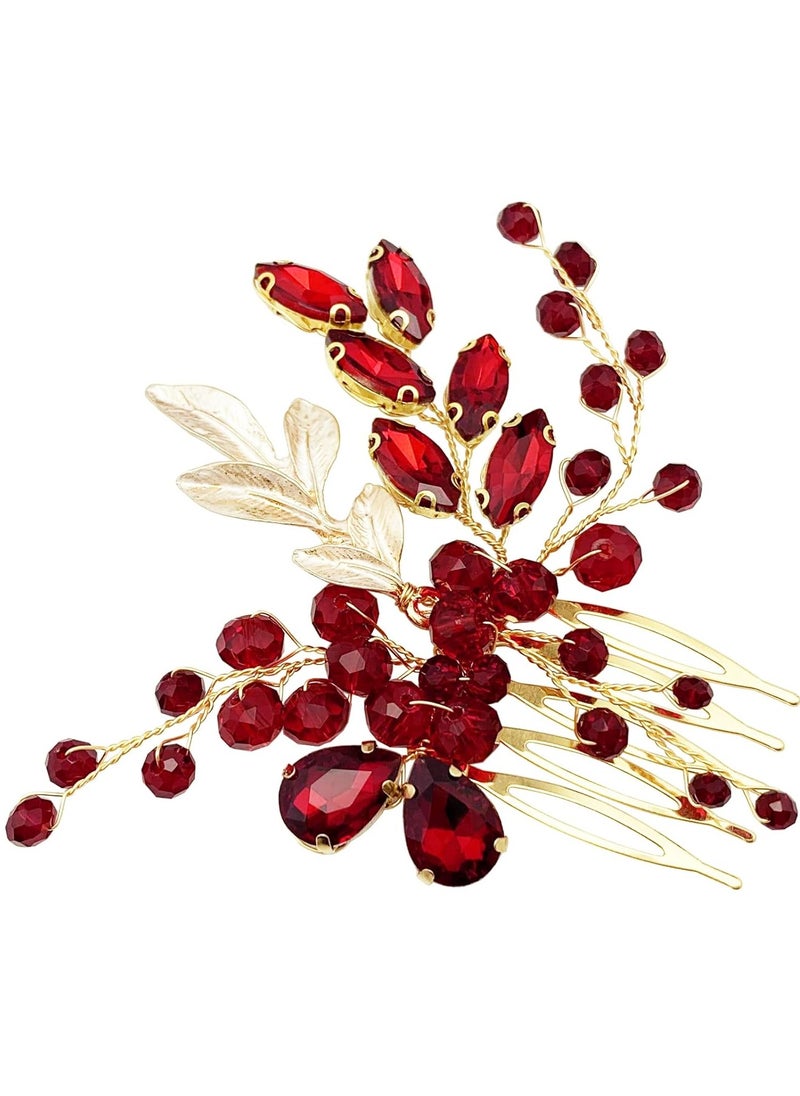 BETITETO - BETITETO Crystal Bridal Hair Comb Wedding Gold Vine Leaf Rhinestone Hair Piece Accessories for Women Girls (Wine Red) - Image 1