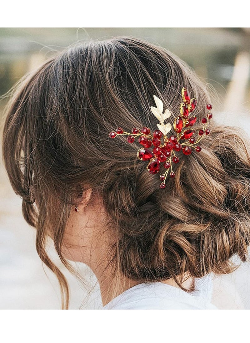 BETITETO - BETITETO Crystal Bridal Hair Comb Wedding Gold Vine Leaf Rhinestone Hair Piece Accessories for Women Girls (Wine Red) - Image 1