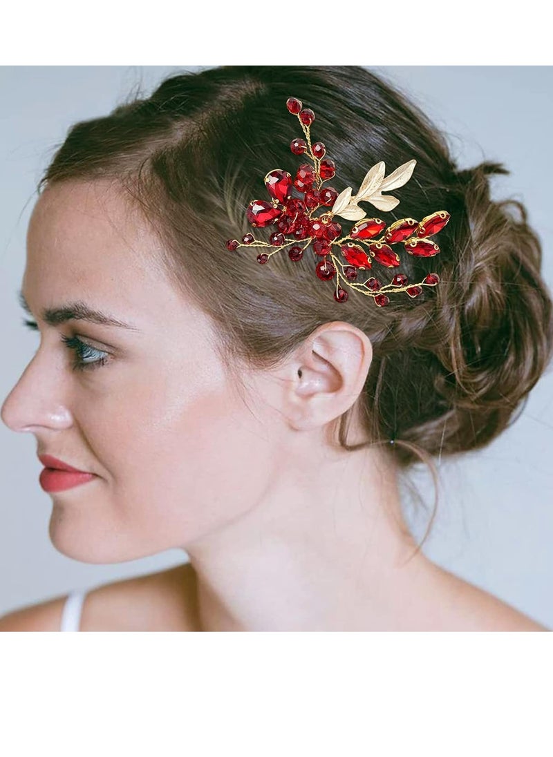 BETITETO - BETITETO Crystal Bridal Hair Comb Wedding Gold Vine Leaf Rhinestone Hair Piece Accessories for Women Girls (Wine Red) - Image 1