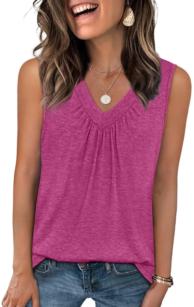 OFEEFAN Tank Top for Women V Neck Tshirts Shirts Summer Ladies Tops Casual Curved Hem Resort Wear Pink L - Image 1