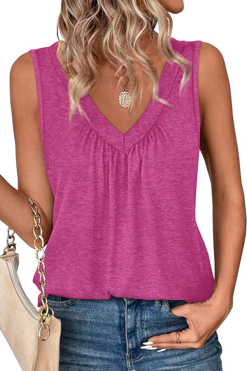OFEEFAN Tank Top for Women V Neck Tshirts Shirts Summer Ladies Tops Casual Curved Hem Resort Wear Pink L - Image 3