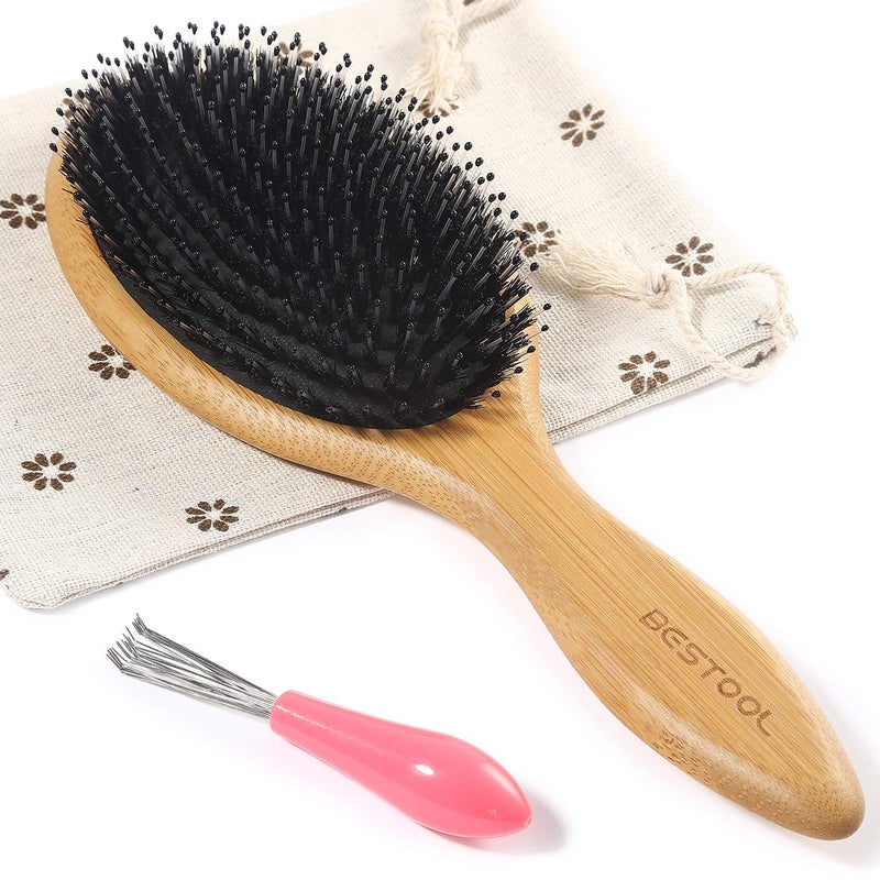 BESTOOL Hair Brush-Boar Bristle Hair Brushes Natural Bamboo Wooden Cushion Massage Anti Static Large Paddle Hairbrush for Women Men and Kid (Round) - Image 1