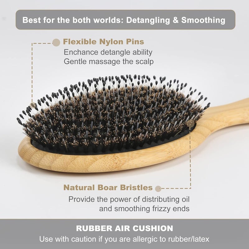 BESTOOL Hair Brush-Boar Bristle Hair Brushes Natural Bamboo Wooden Cushion Massage Anti Static Large Paddle Hairbrush for Women Men and Kid (Round) - Image 2