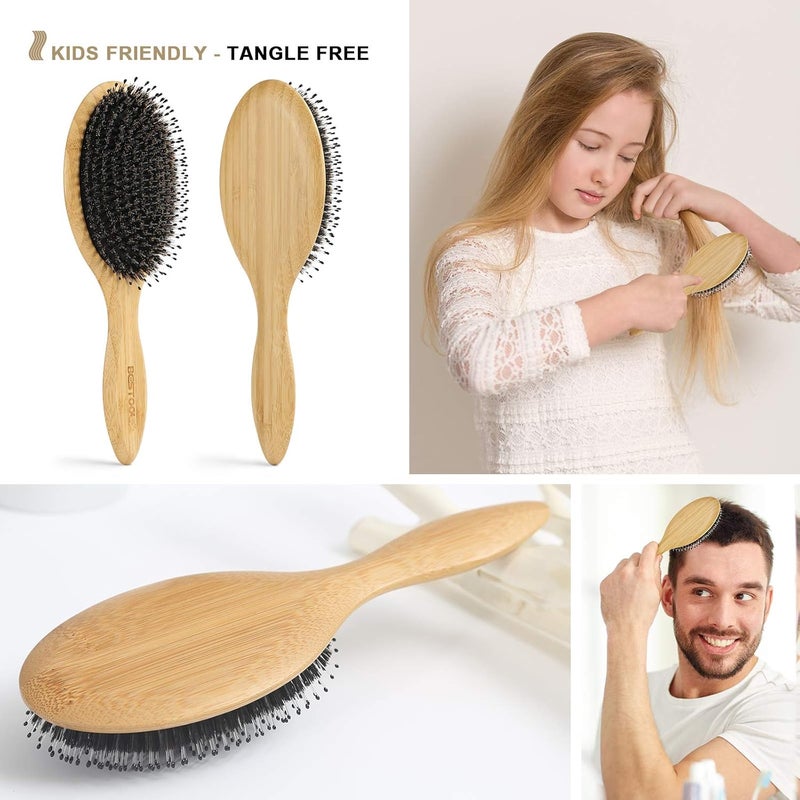 BESTOOL Hair Brush-Boar Bristle Hair Brushes Natural Bamboo Wooden Cushion Massage Anti Static Large Paddle Hairbrush for Women Men and Kid (Round) - Image 5