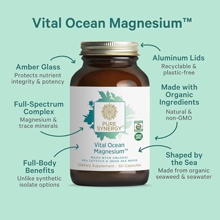 PURE SYNERGY Vital Ocean Magnesium | Organic Magnesium Supplement Capsules | Vegan, Seaweed-Based Complex with Spirulina, Chlorella, & Wakame | for Energy, Sleep, & Stress (60 Capsules) - Image 3