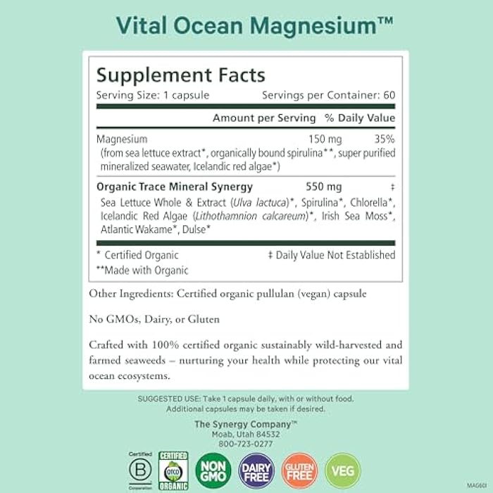 PURE SYNERGY Vital Ocean Magnesium | Organic Magnesium Supplement Capsules | Vegan, Seaweed-Based Complex with Spirulina, Chlorella, & Wakame | for Energy, Sleep, & Stress (60 Capsules) - Image 2