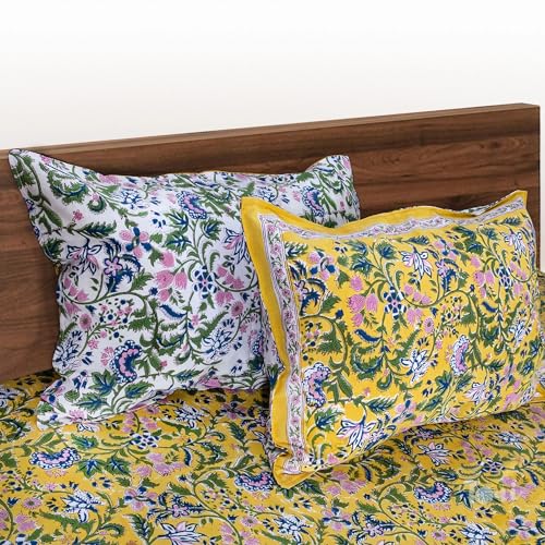 TOAI Hand Block Printed Bedsheet | Bed Spread Flatsheet Bed Sheet | Pure Cotton | Queen Size 90"x108" | 210 TC Long Staple Cotton | 2 Reversible Pillow Covers |Yellow Garden Spread - Image 3