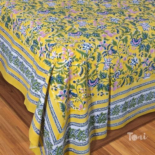 TOAI Hand Block Printed Bedsheet | Bed Spread Flatsheet Bed Sheet | Pure Cotton | Queen Size 90"x108" | 210 TC Long Staple Cotton | 2 Reversible Pillow Covers |Yellow Garden Spread - Image 4