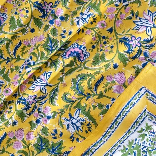 TOAI Hand Block Printed Bedsheet | Bed Spread Flatsheet Bed Sheet | Pure Cotton | Queen Size 90"x108" | 210 TC Long Staple Cotton | 2 Reversible Pillow Covers |Yellow Garden Spread - Image 2