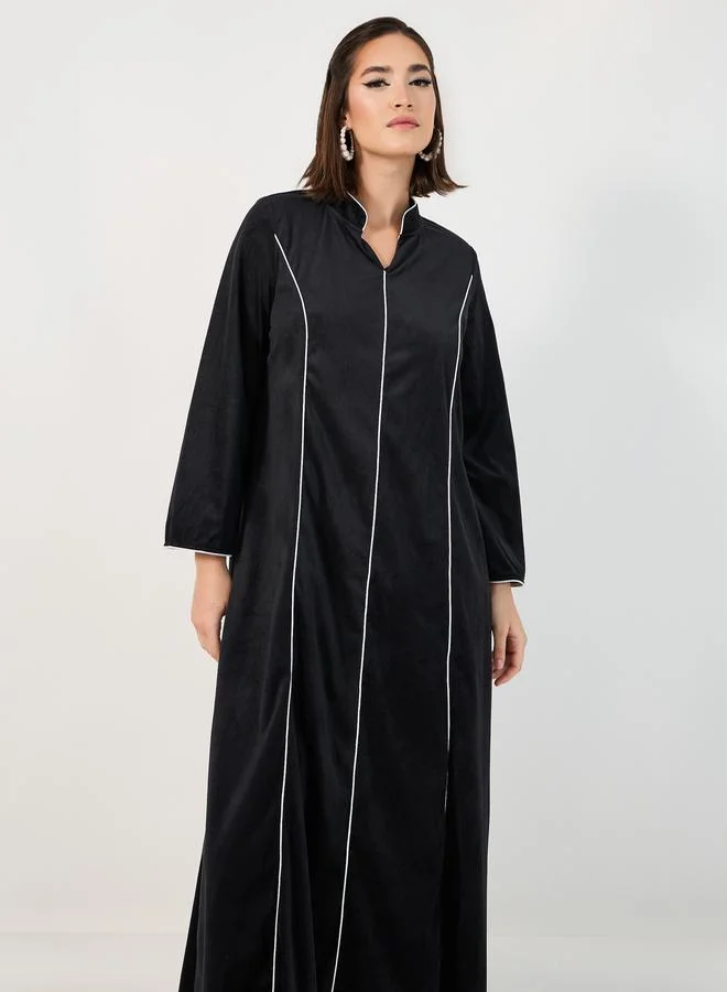 Styli Stand Collar Velvet Look Jalabiya with Piping Detail