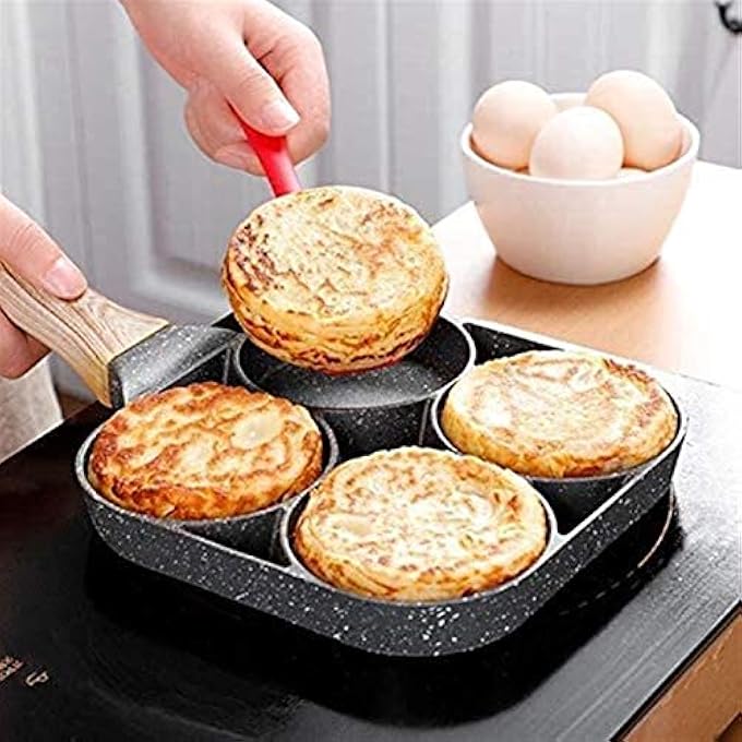 SHOWAY Kitchen Nonstick Frying Pans 4 Hole Omelet Pan For Burger Eggs Ham Pancake Maker Wooden Handle Frying Pot NonStick Cooking Breakfast Color  Default - Image 5