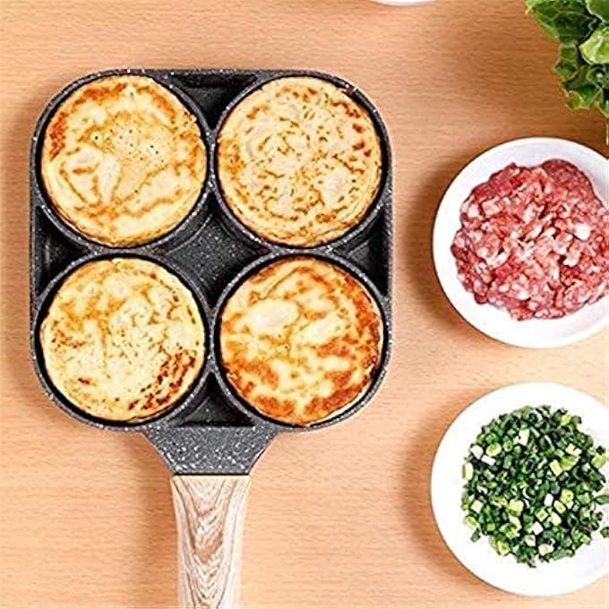 SHOWAY Kitchen Nonstick Frying Pans 4 Hole Omelet Pan For Burger Eggs Ham Pancake Maker Wooden Handle Frying Pot NonStick Cooking Breakfast Color  Default - Image 4
