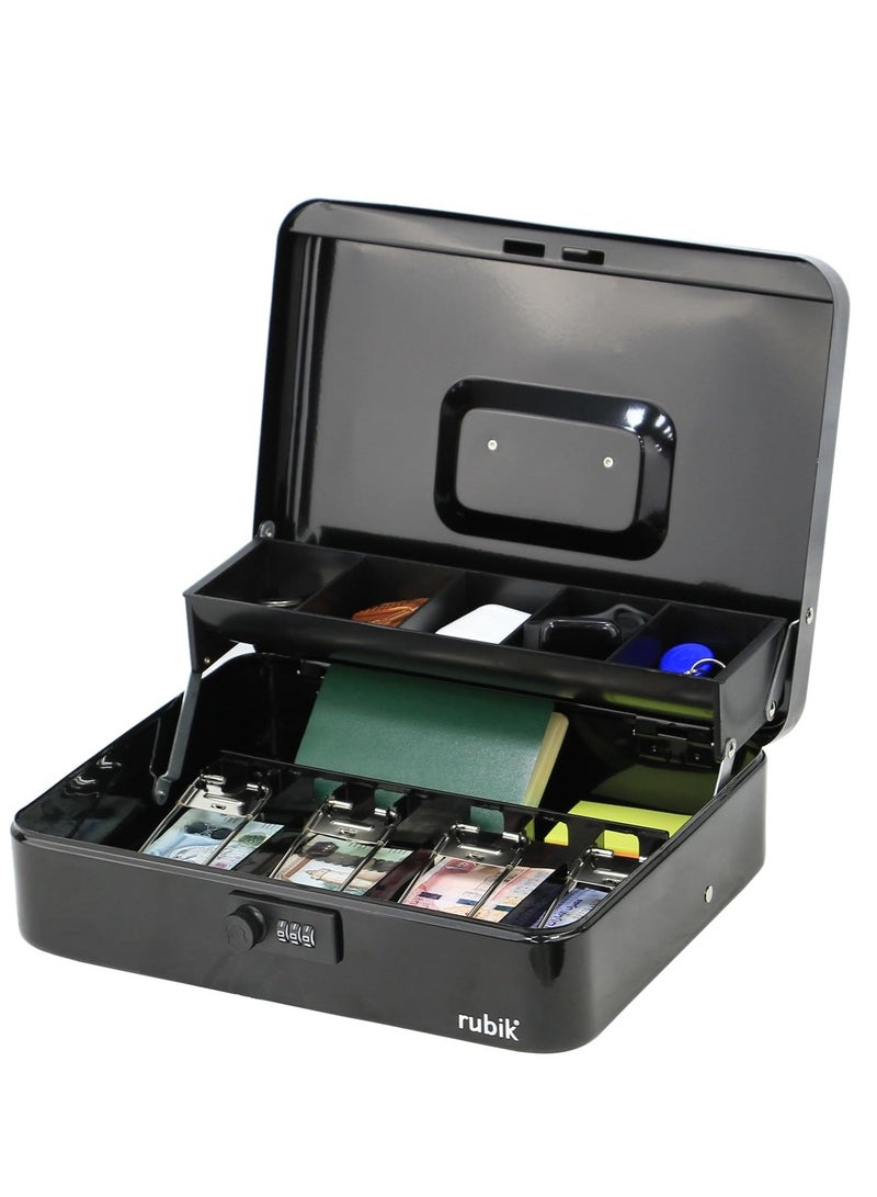 Rubik صندوق نقود كبير جدًا مع قفل مجمع وصينية نقود معدنية وفتحة معدنية وسجل فولاذي للأعمال، صندوق نقود متين ومحمول وقابل للقفل وآمن لتخزين النقود (أسود) - Image 1