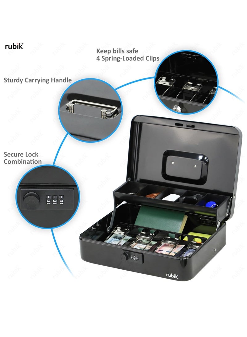 Rubik صندوق نقود كبير جدًا مع قفل مجمع وصينية نقود معدنية وفتحة معدنية وسجل فولاذي للأعمال، صندوق نقود متين ومحمول وقابل للقفل وآمن لتخزين النقود (أسود) - Image 2