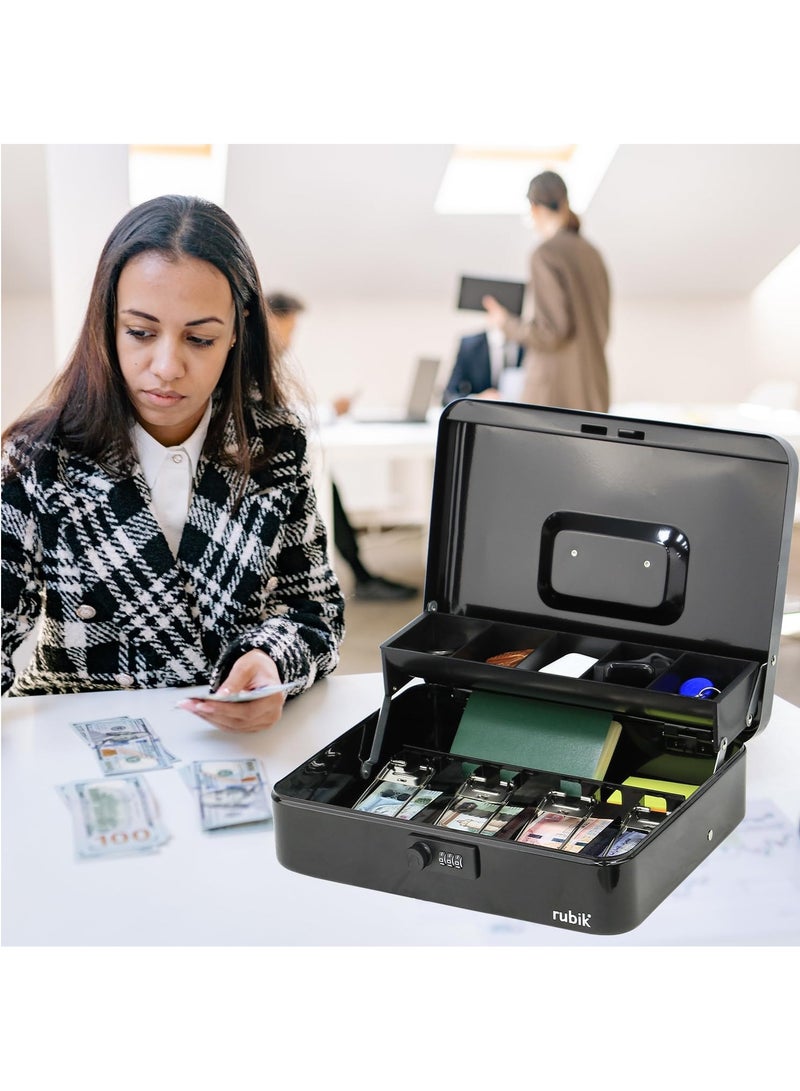 Rubik صندوق نقود كبير جدًا مع قفل مجمع وصينية نقود معدنية وفتحة معدنية وسجل فولاذي للأعمال، صندوق نقود متين ومحمول وقابل للقفل وآمن لتخزين النقود (أسود) - Image 3