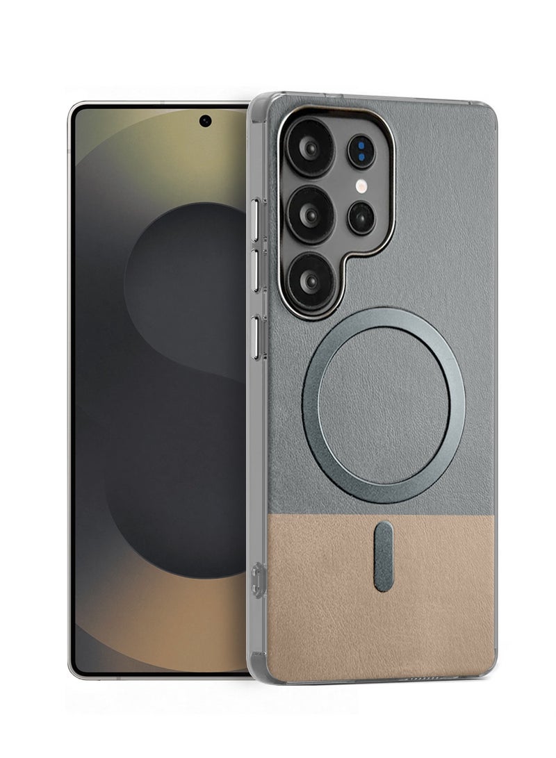 دبليو تيك غطاء حافظة حلقة ماغسيف معدني أنيق بنسيج جلدي لسامسونج جالكسي S25 الترا 5G 2025 (MCMPMN) - تيتانيوم/بني - Image 1