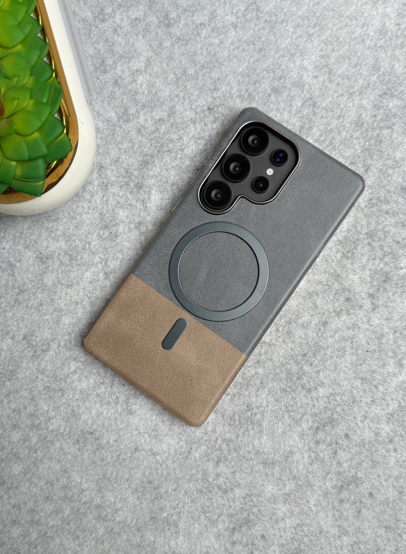 دبليو تيك غطاء حافظة حلقة ماغسيف معدني أنيق بنسيج جلدي لسامسونج جالكسي S25 الترا 5G 2025 (MCMPMN) - تيتانيوم/بني - Image 2