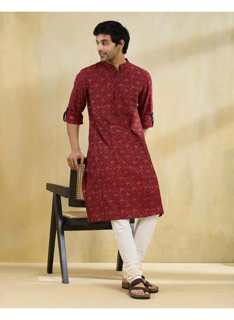 Fabindia Maroon Cotton Ajrakh Printed Long Kurta