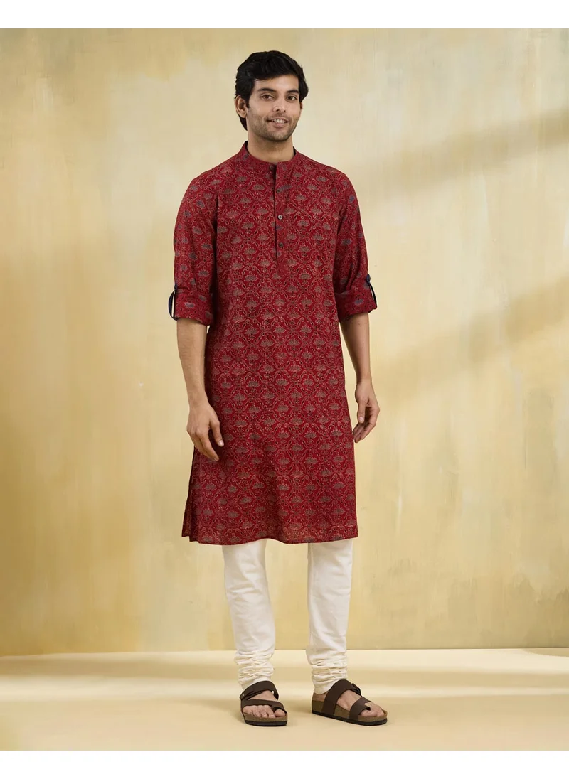 Fabindia Maroon Cotton Ajrakh Printed Long Kurta