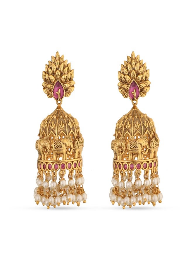 TARINIKA Antique Gold Plated Jhumka Earrings with CZ Stones & Pearls - Brass Fashion Jewelry for Women Traditional Pearl Jhumki Ethinic Style (Vainavi Antique) - Image 1