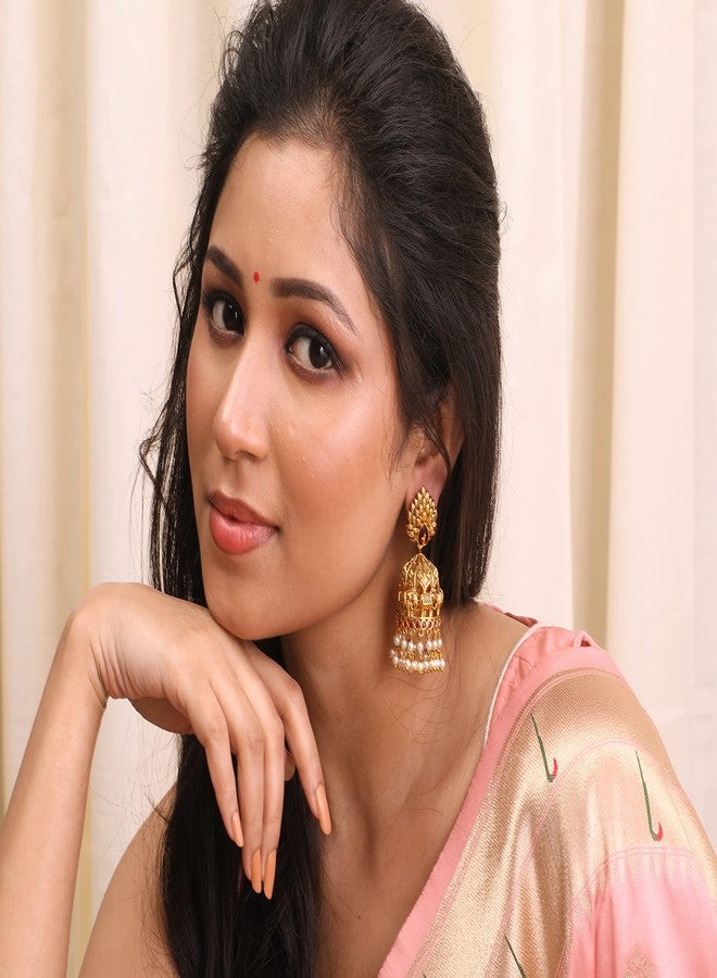 TARINIKA Antique Gold Plated Jhumka Earrings with CZ Stones & Pearls - Brass Fashion Jewelry for Women Traditional Pearl Jhumki Ethinic Style (Vainavi Antique) - Image 3