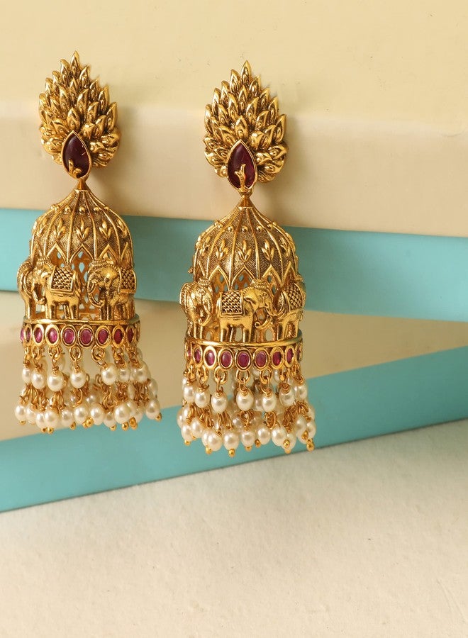TARINIKA Antique Gold Plated Jhumka Earrings with CZ Stones & Pearls - Brass Fashion Jewelry for Women Traditional Pearl Jhumki Ethinic Style (Vainavi Antique) - Image 4