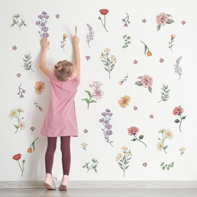 Decvictor Retro Colorful Wildflower Wall Stickers, 15 Sheets Garden Floral Wall Decals DIY Peel and Stick Wall Decal Self Adhesive Wall Art Decor for Bedroom Office Sofa TV Backdrop Wall - Image 1