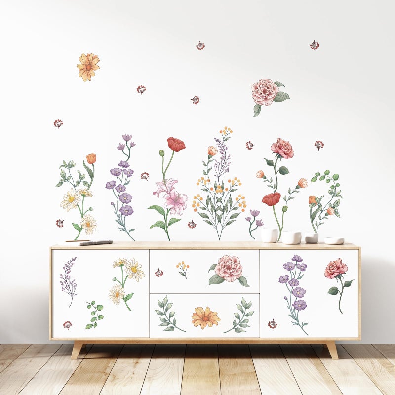 Decvictor Retro Colorful Wildflower Wall Stickers, 15 Sheets Garden Floral Wall Decals DIY Peel and Stick Wall Decal Self Adhesive Wall Art Decor for Bedroom Office Sofa TV Backdrop Wall - Image 2