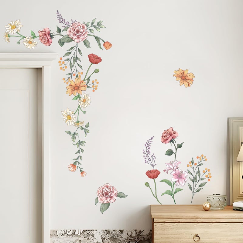 Decvictor Retro Colorful Wildflower Wall Stickers, 15 Sheets Garden Floral Wall Decals DIY Peel and Stick Wall Decal Self Adhesive Wall Art Decor for Bedroom Office Sofa TV Backdrop Wall - Image 4