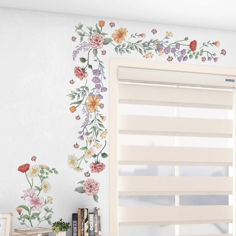 Decvictor Retro Colorful Wildflower Wall Stickers, 15 Sheets Garden Floral Wall Decals DIY Peel and Stick Wall Decal Self Adhesive Wall Art Decor for Bedroom Office Sofa TV Backdrop Wall - Image 3