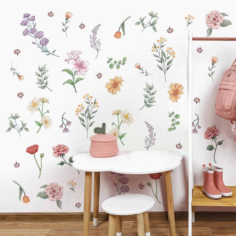 Decvictor Retro Colorful Wildflower Wall Stickers, 15 Sheets Garden Floral Wall Decals DIY Peel and Stick Wall Decal Self Adhesive Wall Art Decor for Bedroom Office Sofa TV Backdrop Wall - Image 5