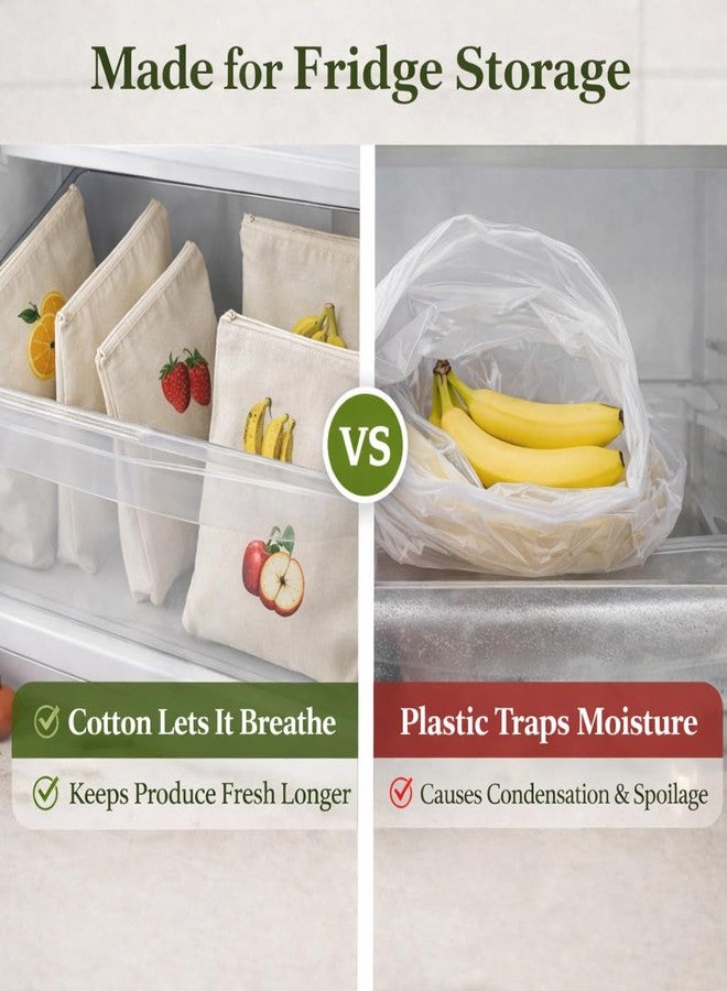 Cocinaire Eco Friendly Reusable Produce Storage Bags Cotton Set for Fruits Vegetables Breathable Fridge Organizer Washable Grocery Bags with Zipper Closure (Beige) (Pack of 6) - Image 5