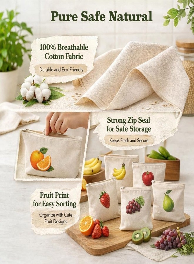 Cocinaire Eco Friendly Reusable Produce Storage Bags Cotton Set for Fruits Vegetables Breathable Fridge Organizer Washable Grocery Bags with Zipper Closure (Beige) (Pack of 6) - Image 3