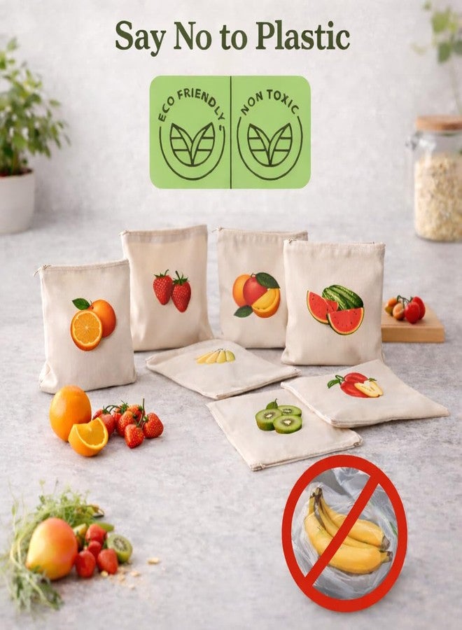 Cocinaire Eco Friendly Reusable Produce Storage Bags Cotton Set for Fruits Vegetables Breathable Fridge Organizer Washable Grocery Bags with Zipper Closure (Beige) (Pack of 6) - Image 4
