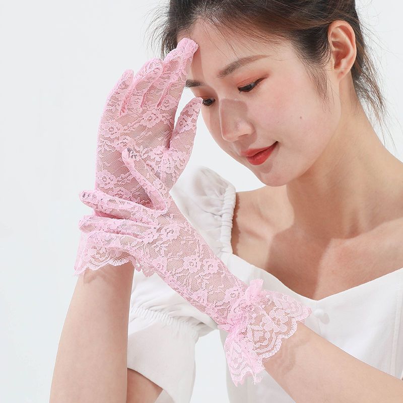 Summer Thin Lace Gloves Elegant Short Bridal Wedding Pink