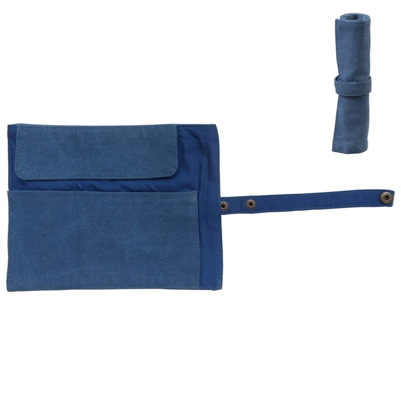 Enyuwlcm Canvas Stationery Handmade Foldable Rollup Pencil Case Travel Pen Holder Wrap Blue