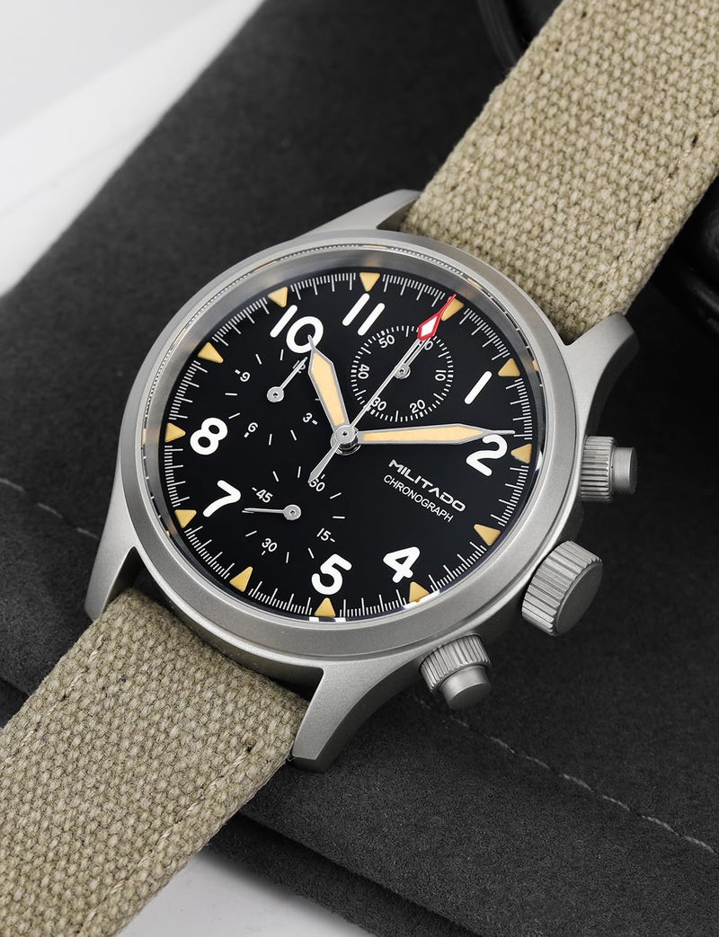 TACTICAL FROG Militado ML1868 39mm Military Chronograph Watch Sapphire Crystal VK67 Quartz Watches for Men 100M Waterproof, Green Canvas Strap - Image 2