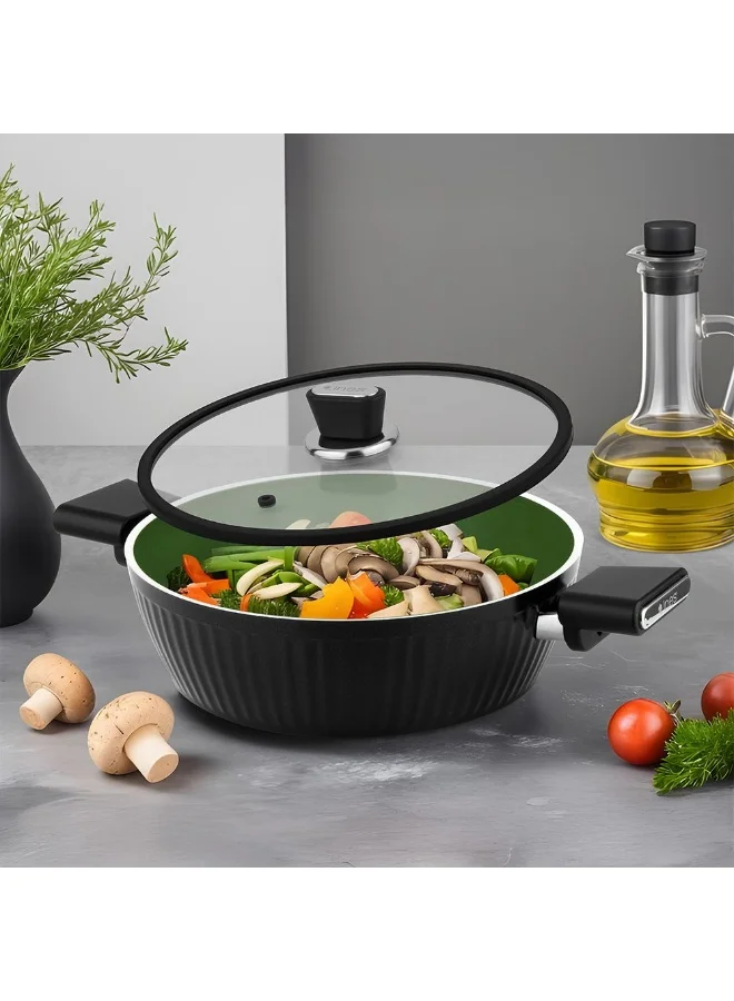 DANUBE HOME Lines Shallow Casserole Black 28 CM – Titanium Teflon Coating, PFOA-Free – Non-Stick Cookware for Home, Kitchen, Induction, Gas & Electric Stoves, Easy to Clean