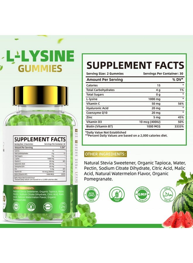 BIYODE جيلي L-لايسين 1000 ملغ: راحة فموية ودفاع مناعي وصحة جلدية فموية مع الكولاجين وفيتامين C والزنك خالي من السكر وغير معدّل وراثيًا بنكهة البطيخ الطبيعية قائم على البكتين 60 جيلي 30 يومًا من الإمدادات - Image 2