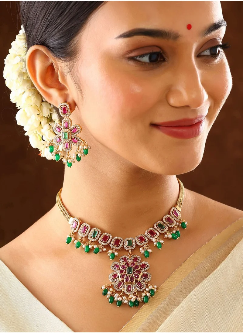 Priyaasi Blooming Elegance Stone Studded  Beaded Jewellery Set