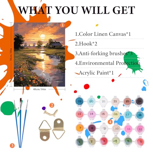 Fountor Paint by Numbers Kit for Adults Beginner, Countryside Sunset Adult Paint by Number Kits on Canvas Without Frame, Riverside Cabin Oil Paint by Numbers for Home Decor Gift 16” W x 20”L - Image 4